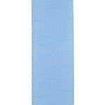 Load image into Gallery viewer, Back side of the 2½-inch Florist Basics Dupioni Supreme ribbon in Light Blue displaying the woven polyester backing and reinforced wired edge.
