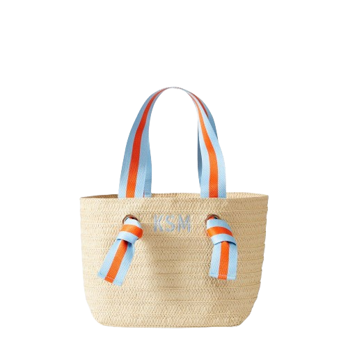 Natural Straw Tote with Light Blue-Coral Striped Ribbon