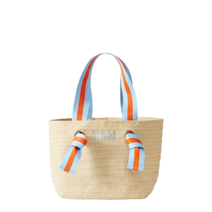 Natural Straw Tote with Light Blue-Coral Striped Ribbon