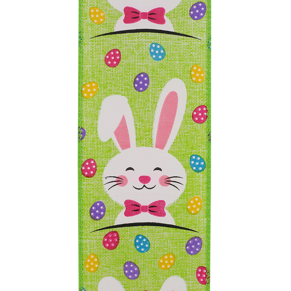 Easter Ribbons -- 2.5 in x 10 yards --- Bunny Face Multi Egg Wire Edge Ribbon --- Lime Color