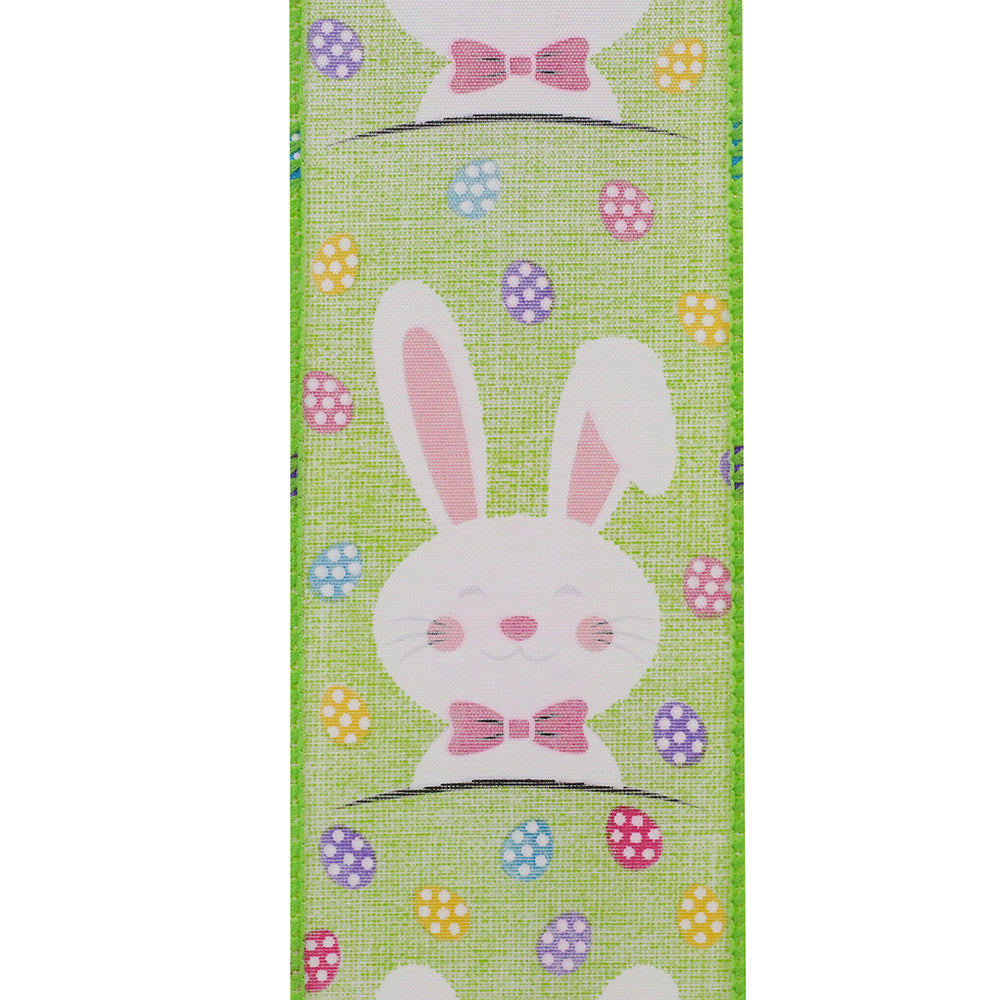 Easter Ribbons -- 2.5 in x 10 yards --- Bunny Face Multi Egg Wire Edge Ribbon --- Lime Color