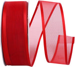 Load image into Gallery viewer, Charlize sheer satin wired edge ribbon spool in lipstick red color. Available in multiple widths for gift wrapping, floral design, weddings, and craft projects.
