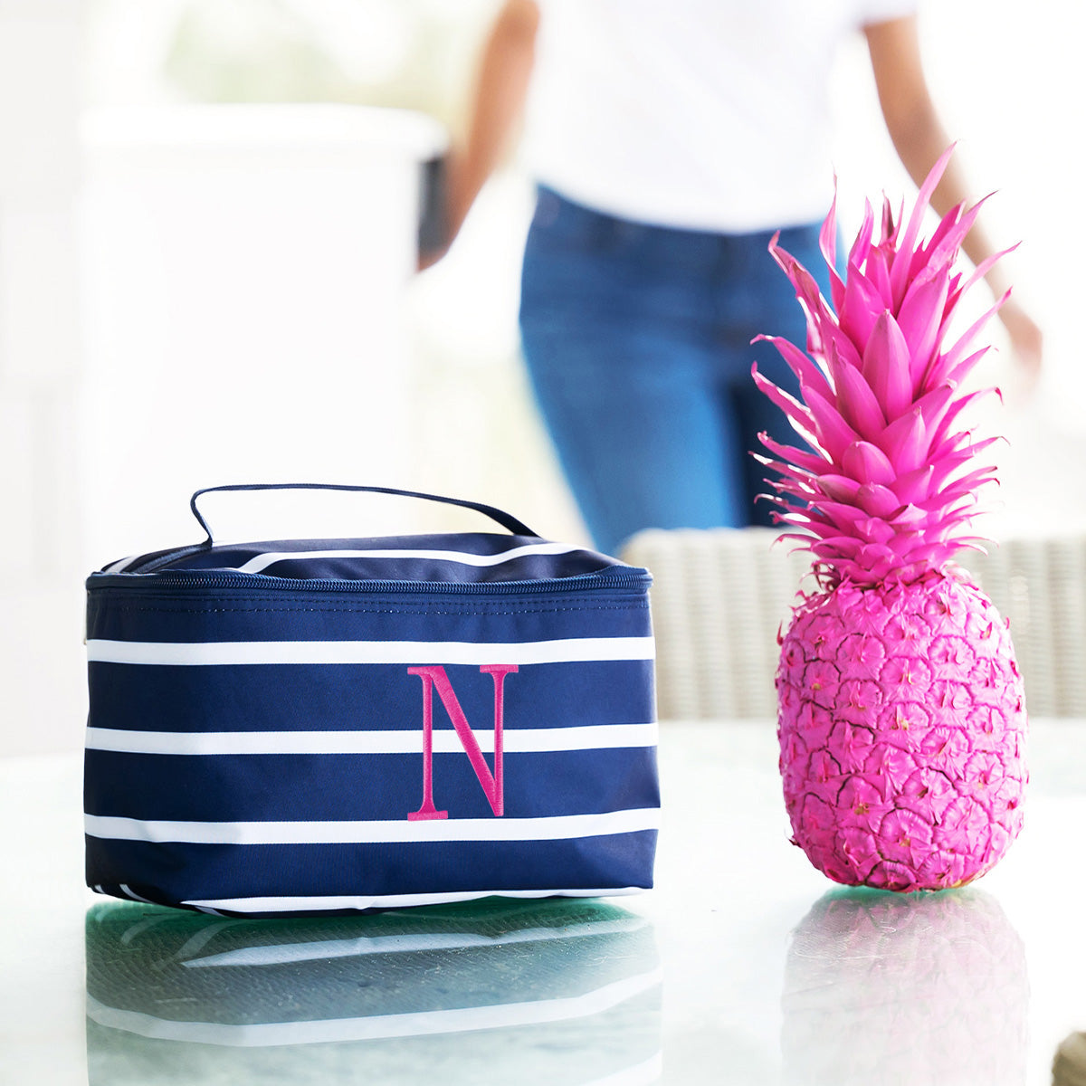 Cosmetic Bag - White & Navy Stripes