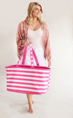 Load image into Gallery viewer, Ultimate Tote / Beach Carry All Bag - Hot Pink &amp; White Stripes
