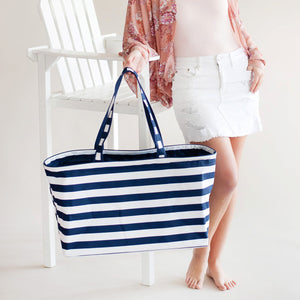 Ultimate Tote / Beach Carry All Bag - White & Navy Stripes