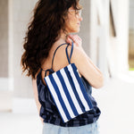 Load image into Gallery viewer, Zip Pouch Wristlet - White &amp; Navy Stripes
