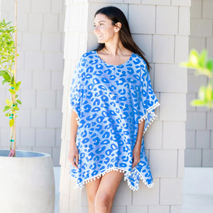 Women's Beach Pom-Pom Cover Up --- Blue Leopard