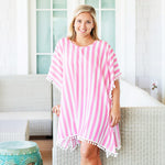 Load image into Gallery viewer, Women&#39;s Beach Pom-Pom Cover Up --- White &amp; Pink Stripes
