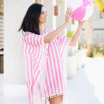 Load image into Gallery viewer, Women&#39;s Beach Pom-Pom Cover Up --- White &amp; Pink Stripes
