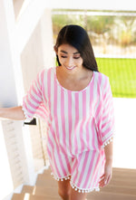 Load image into Gallery viewer, Women&#39;s Beach Pom-Pom Cover Up --- White &amp; Pink Stripes
