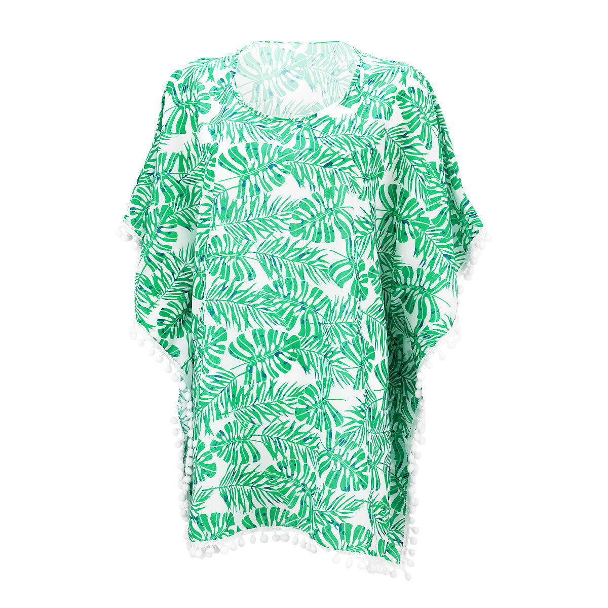 Women's Beach Pom-Pom Cover Up --- Green Leaves