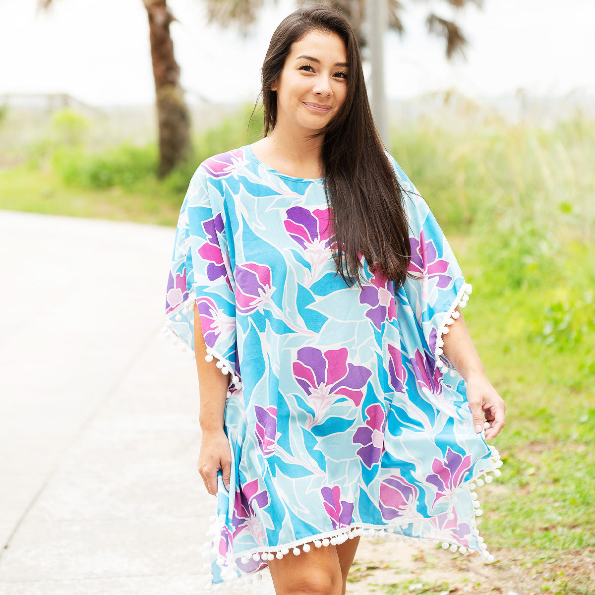 Women's Beach Pom-Pom Cover Up --- Multicolor Flowers