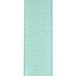 Load image into Gallery viewer, Back view of the Florist Basics Mint Dupioni wired ribbon illustrating the smooth polyester backing and durable stitched wired edge.
