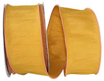 Load image into Gallery viewer, Full roll of Florist Basics Mustard Dupioni Supreme Wired Edge Ribbon measuring 2½ inches by 20 yards, ideal for Christmas trees, garlands, floral arrangements, and decorative bows.
