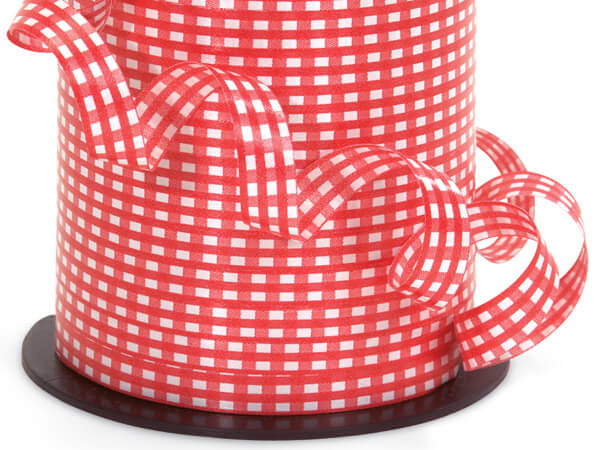 Curling Ribbon --- 3/8 in x 250 yards --- Gingham - White & Red Color