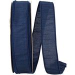 Load image into Gallery viewer, Large 50-yard roll of Florist Basics Dupioni Supreme Wired Edge Ribbon in Navy featuring a vibrant faux silk finish and flexible wired edges for commercial decorating and event design.
