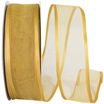Load image into Gallery viewer, Charlize sheer satin wired edge ribbon spool in old gold color. Available in multiple widths for gift wrapping, floral design, weddings, and craft projects.
