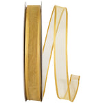 Load image into Gallery viewer, Charlize sheer satin wired edge ribbon spool in old gold color. Available in multiple widths for gift wrapping, floral design, weddings, and craft projects.
