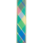 Load image into Gallery viewer, Close-up of 1-1/2 inch pastel plaid ribbon with green, blue, pink and yellow
