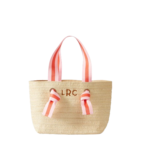 Natural Straw Tote with Light Pink-Coral Striped Ribbon