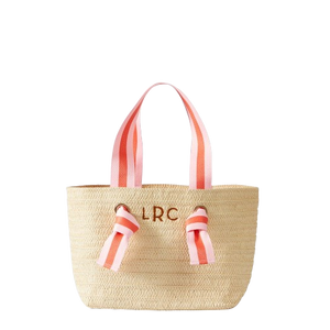 Natural Straw Tote with Light Pink-Coral Striped Ribbon