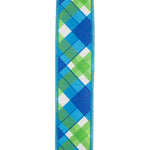 Load image into Gallery viewer, Close-up front view of 1.5 inch Plaid Seaway wired ribbon with blue, green and white plaid pattern
