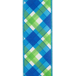Load image into Gallery viewer, Close-up front view of 2.5 inch Plaid Seaway ribbon with royal blue, bright blue, green and white plaid
