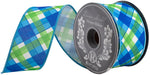 Load image into Gallery viewer, 2.5 inch Plaid Seaway blue green plaid wired ribbon displayed beside designer ribbon spool
