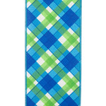 Load image into Gallery viewer, Close-up front view of 4 inch Plaid Seaway wired ribbon with bold blue, green and white plaid design
