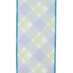 Load image into Gallery viewer, Reverse side of 4 inch Plaid Seaway deluxe backed ribbon showing soft blue, green and white plaid pattern
