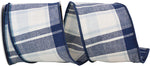 Load image into Gallery viewer, Denim blue and ivory plaid cotton canvas wired edge ribbon, 4 inch width
