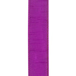 Load image into Gallery viewer, Back view of the Florist Basics Plum Dupioni wired ribbon illustrating the smooth polyester backing and durable stitched wired edge.
