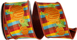 Load image into Gallery viewer, Pumpkin Embroidered Plaid Wired Edge Ribbon in 2½ inch x 5 yards featuring embroidered pumpkins on a colorful plaid background.
