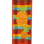Load image into Gallery viewer, Front view of 2½ inch Pumpkin Embroidered Plaid Wired Edge Ribbon highlighting the embroidered pumpkin design.
