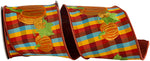 Load image into Gallery viewer, Pumpkin Embroidered Plaid Wired Edge Ribbon in 4 inch x 5 yards featuring embroidered pumpkins on a colorful plaid background.
