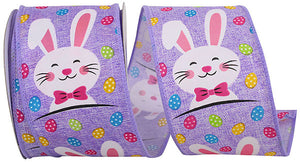 Easter Ribbons -- 2.5 in x 10 yards --- Bunny Face Multi Egg Wire Edge Ribbon -- Purple Color