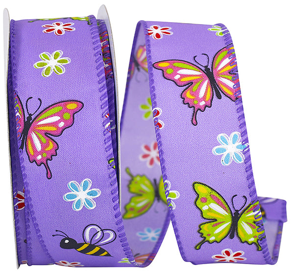 Butterflies & Bees Design - Wire Edge Ribbon -- Purple -- Various Sizes