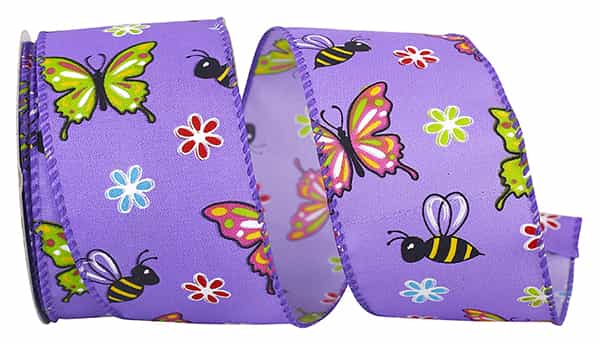 Butterflies & Bees Design - Wire Edge Ribbon -- Purple -- Various Sizes