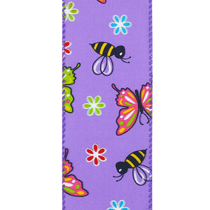 Butterflies & Bees Design - Wire Edge Ribbon -- Purple -- Various Sizes