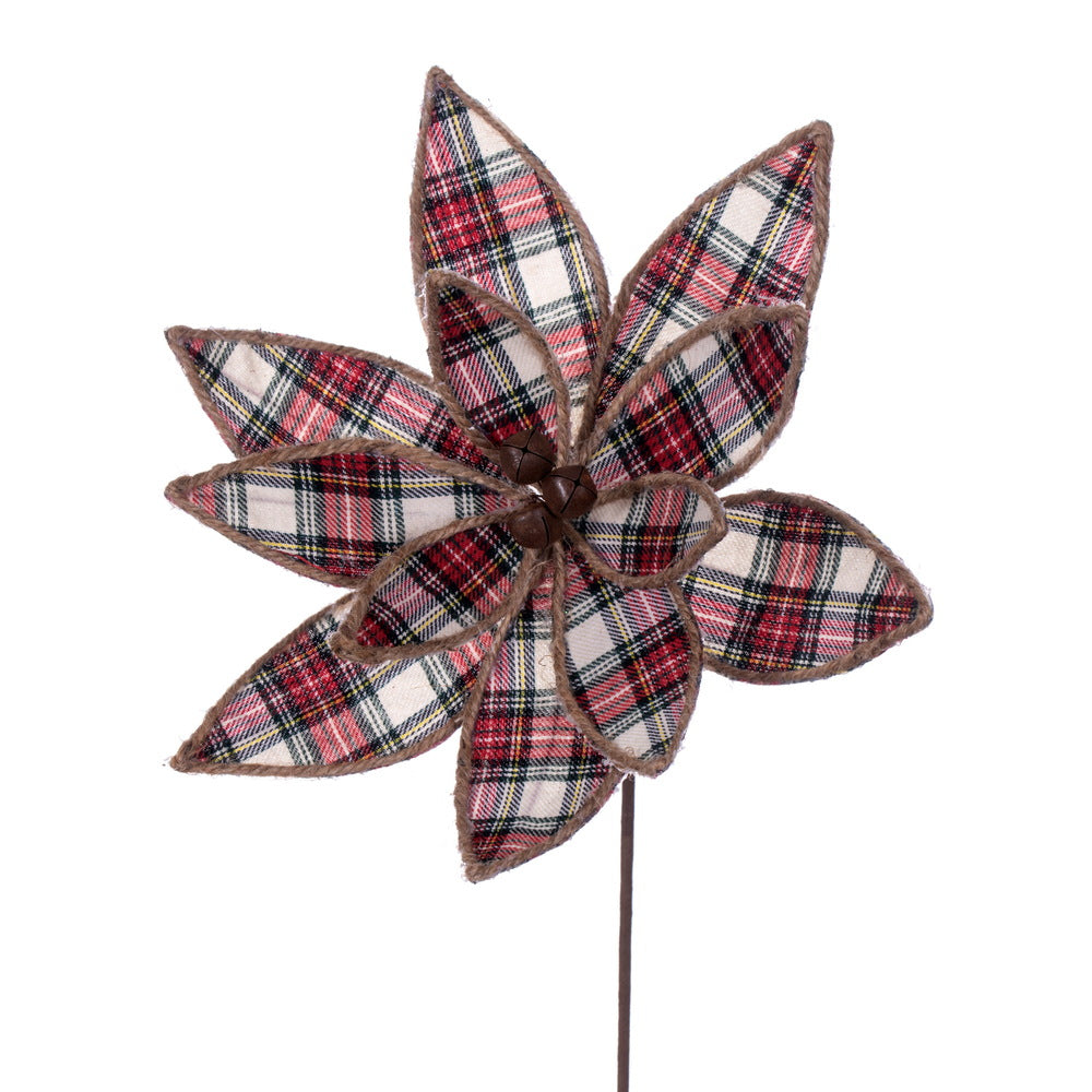 17" -- Artificial Red, White and Jute Plaid Poinsettia Christmas Flower — 4 per bag — by Vickerman®