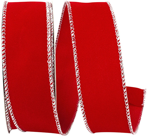 Outdoor Ribbon --- 1-1/2 inch  x  10 yards - Value Velvet Wired Edge Ribbon -- Red / Silver Color