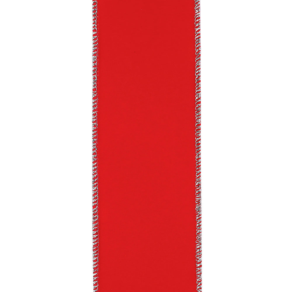 Outdoor Ribbon --- 1-1/2 inch  x  10 yards - Value Velvet Wired Edge Ribbon -- Red / Silver Color