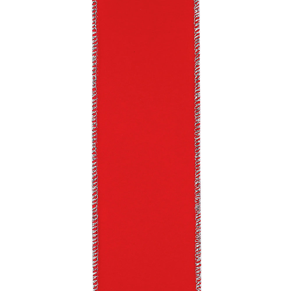 Outdoor Ribbon --- 1-1/2 inch  x  10 yards - Value Velvet Wired Edge Ribbon -- Red / Silver Color