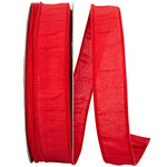 Load image into Gallery viewer, Large 50-yard roll of Florist Basics Dupioni Supreme Wired Edge Ribbon in Red featuring a vibrant faux silk finish and flexible wired edges for commercial decorating and event design.

