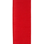 Load image into Gallery viewer, Back side of the 2½-inch Florist Basics Dupioni Supreme ribbon in Red displaying the woven polyester backing and reinforced wired edge.
