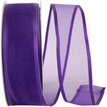 Load image into Gallery viewer, Charlize sheer satin wired edge ribbon spool in regal purple color. Available in multiple widths for gift wrapping, floral design, weddings, and craft projects.
