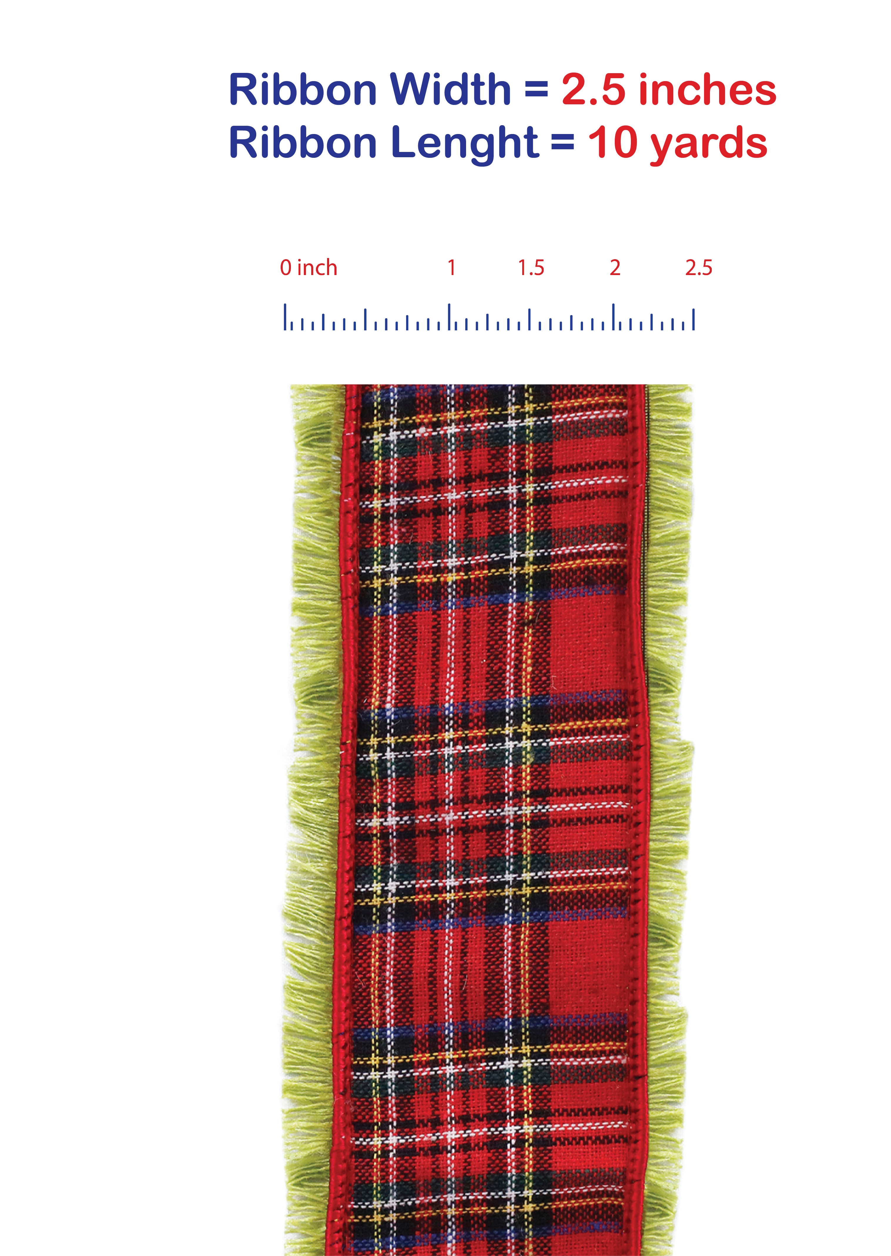 10 yards --- 2.5 inch -- Lime Fringe Traditional Plaid Wired Edge - Christmas Ribbon