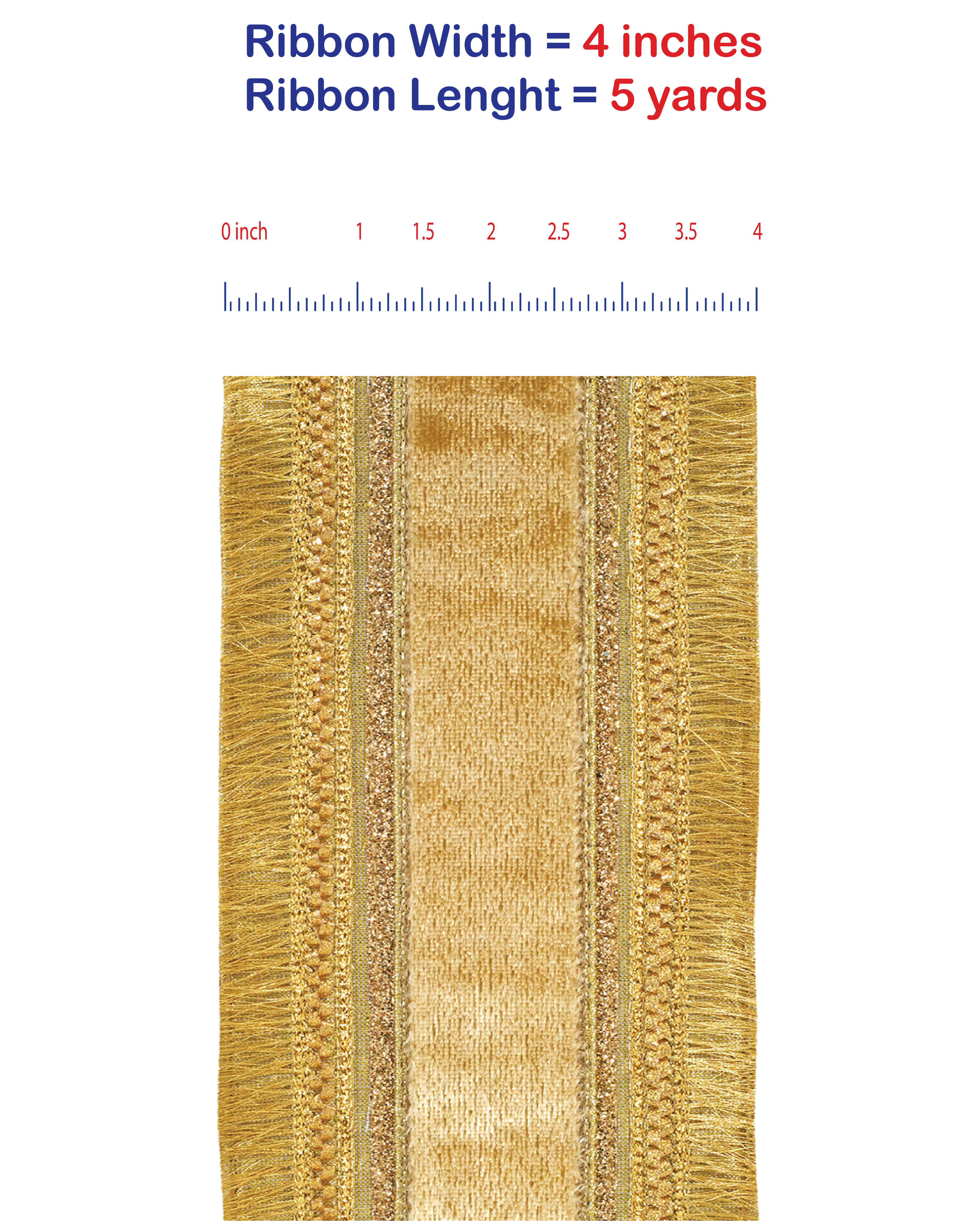 5 yards --- 4 inch -- Plush Gold - Velvet Regal Trimming Fringe Deluxe Overlay Wired Edge - Christmas Ribbon