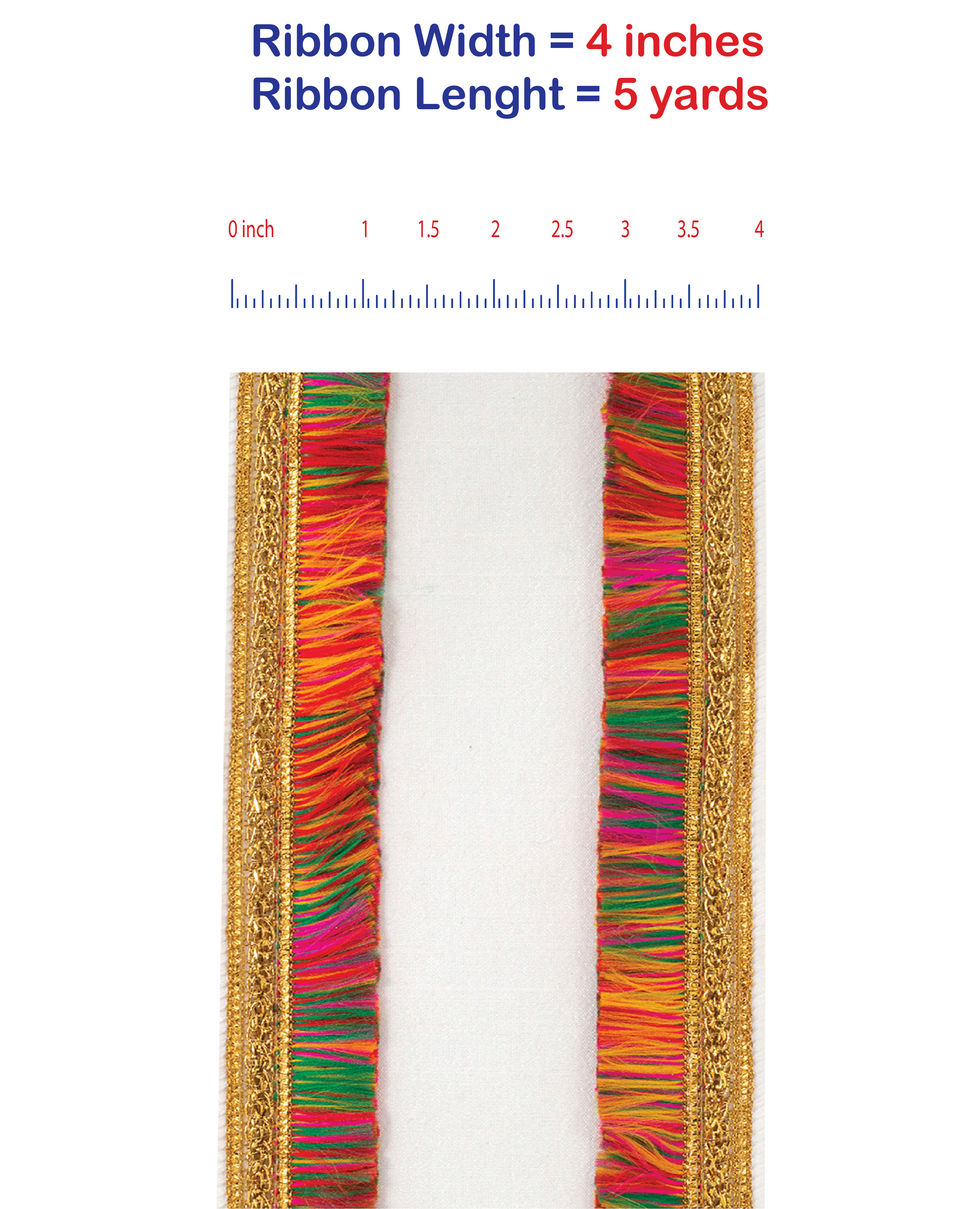 5 yards --- 4 inch - Dupioni Trimming - Multicolor Fringe -  Wired Edge Ribbon