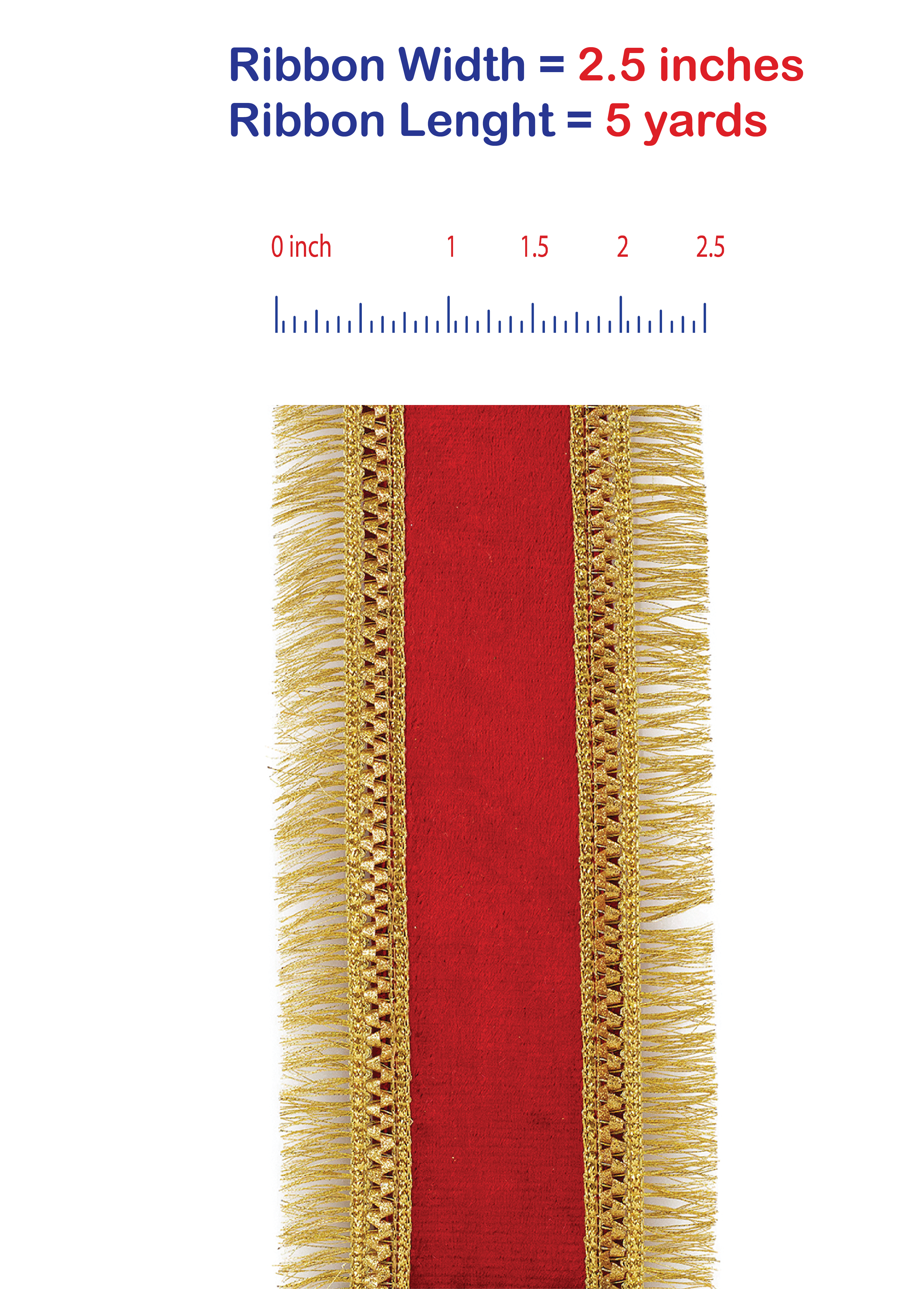 5 yards --- 2 ½ inch -- Red / Gold Color --- Velvet Plush Regal Fringe Wired Edge - Christmas Ribbon